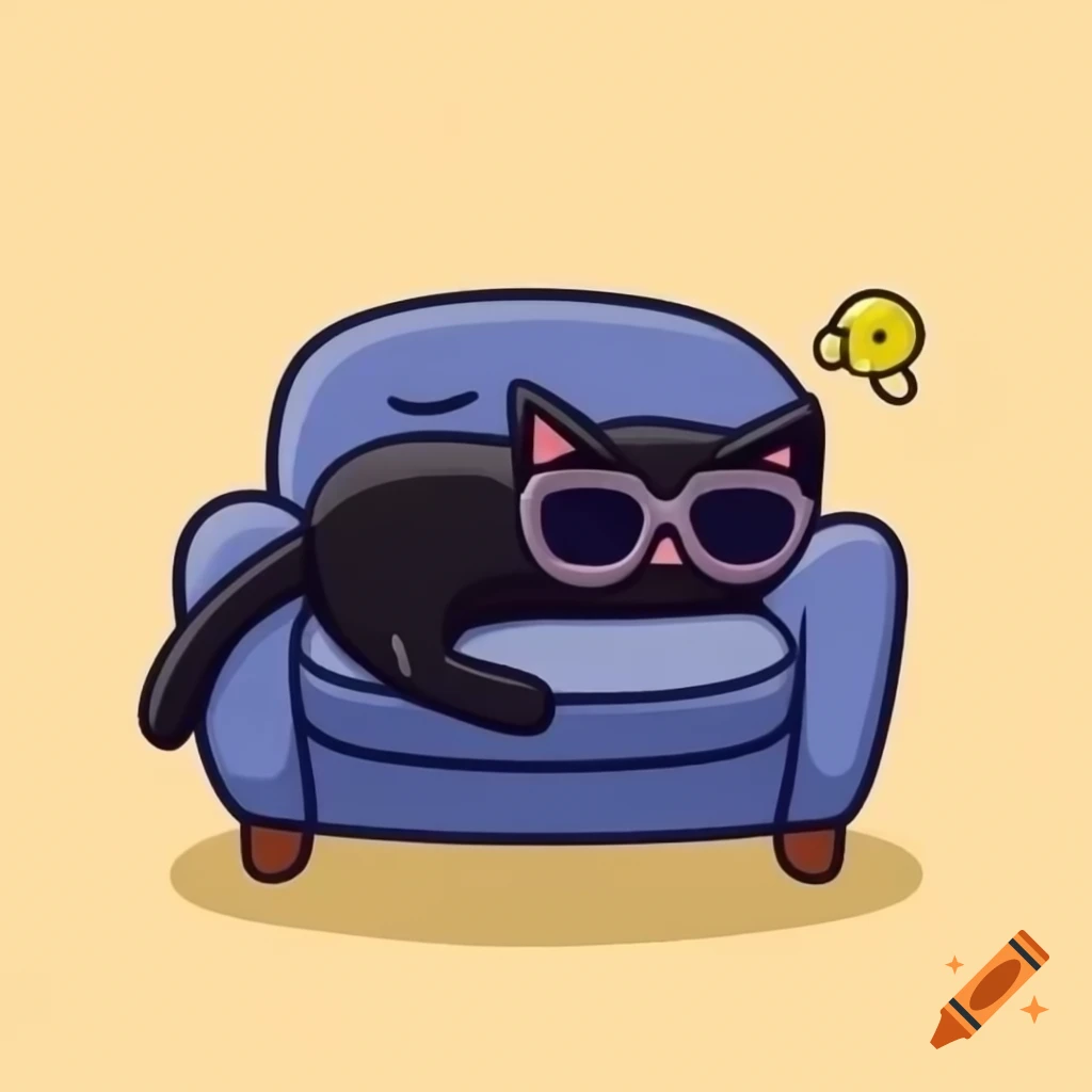 Cartoon art of black cat wearing sunglasses lying on a couch