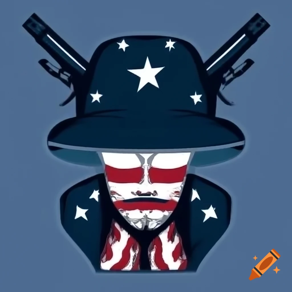Man wearing large hat and gun adorned with stars and stripes flag