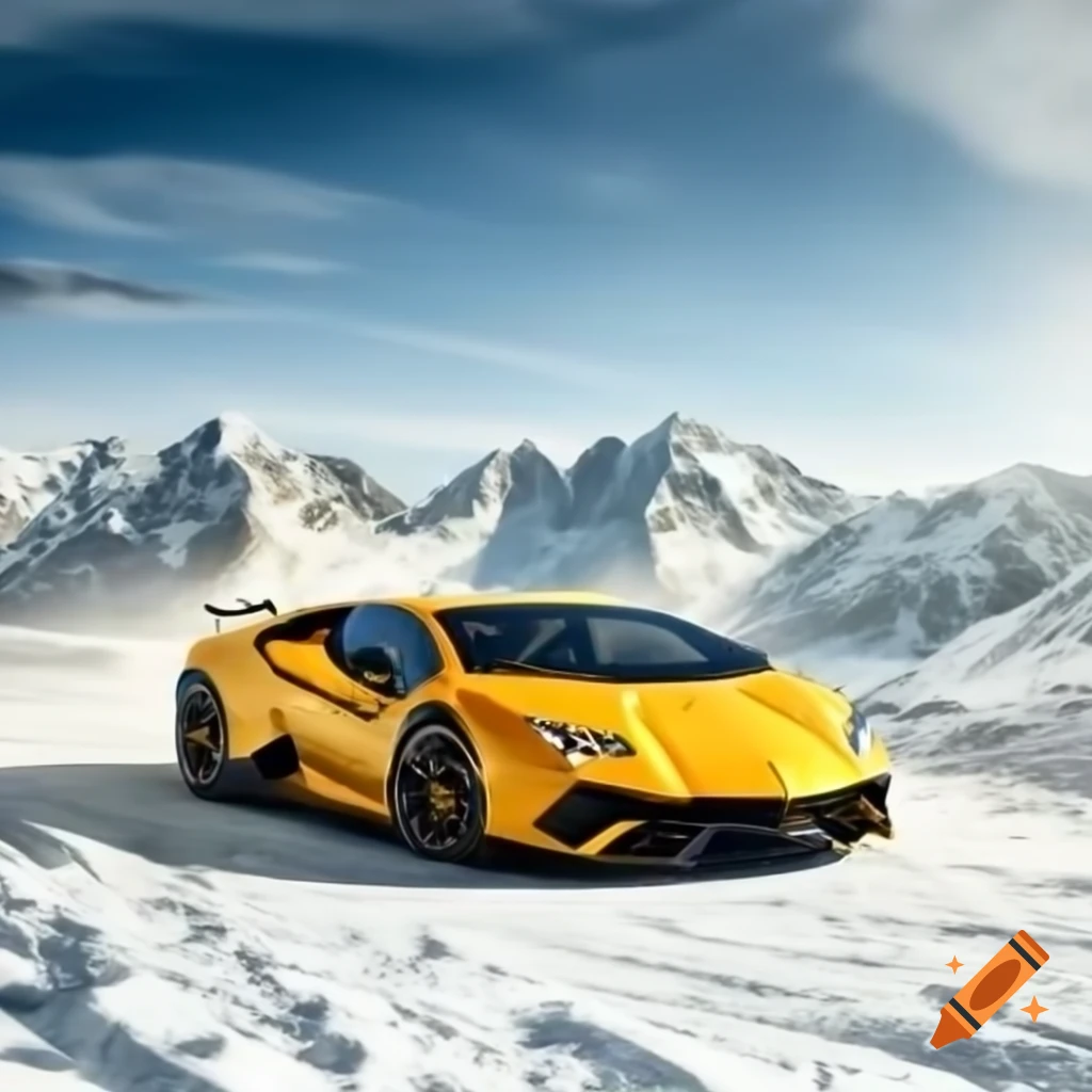 Yellow Lamborghini driving through snowy mountains