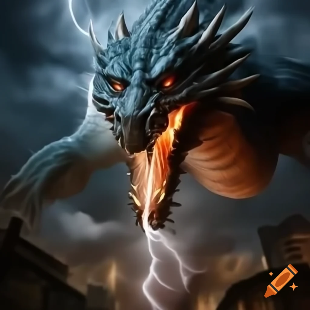 Lightning dragon attacking weaker dragon in gloomy clouds, trading card game art