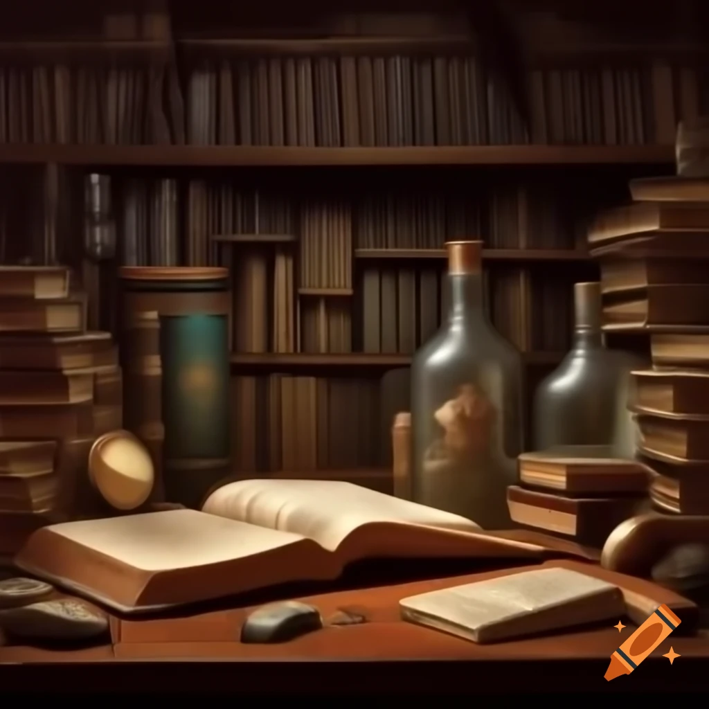 Alchemist worktable with books, empty bottles, and jars