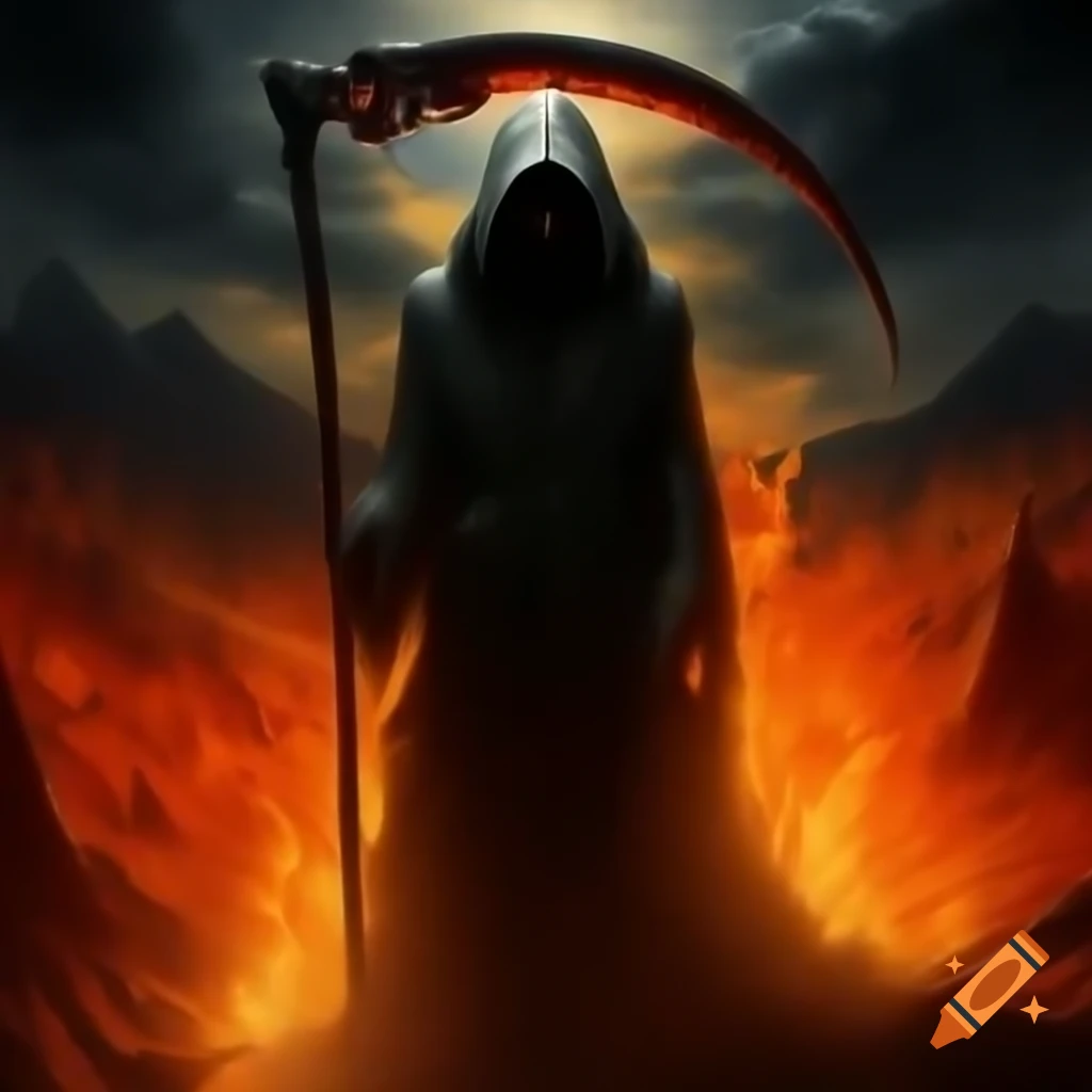 Skeletal figure in hooded robe silhouetted against sunset flames with scythe