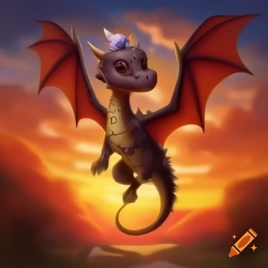 Cute dragon flying into sunset with wizard on its back