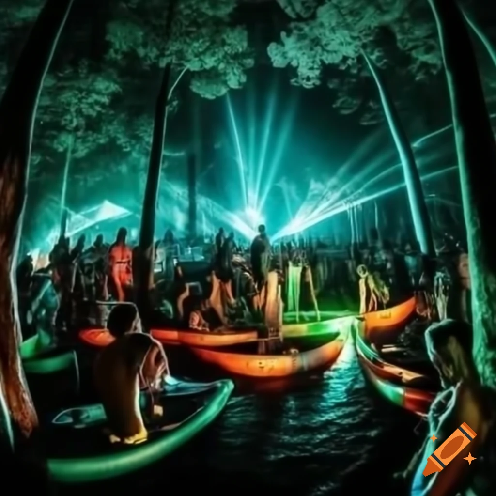 Rave techno party with light show in forest featuring canoes