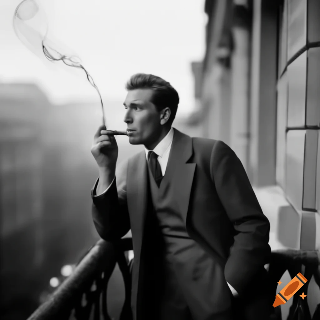 Stylish gentleman in tweed jacket leaning on railing enjoying smoke