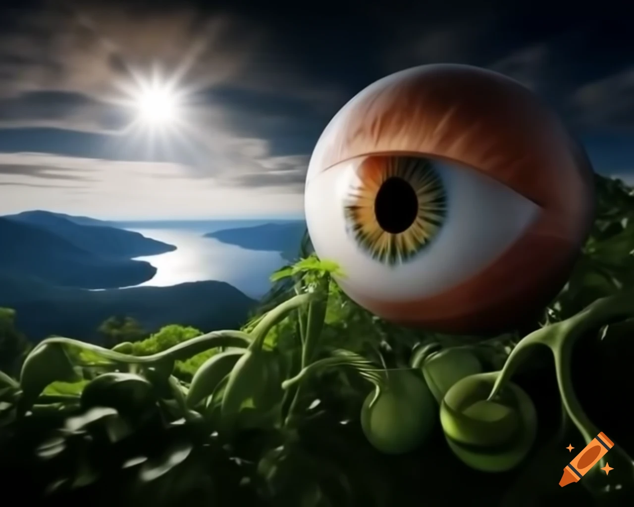 Surreal landscape with mountain range, giant eye, and field of tomatoes