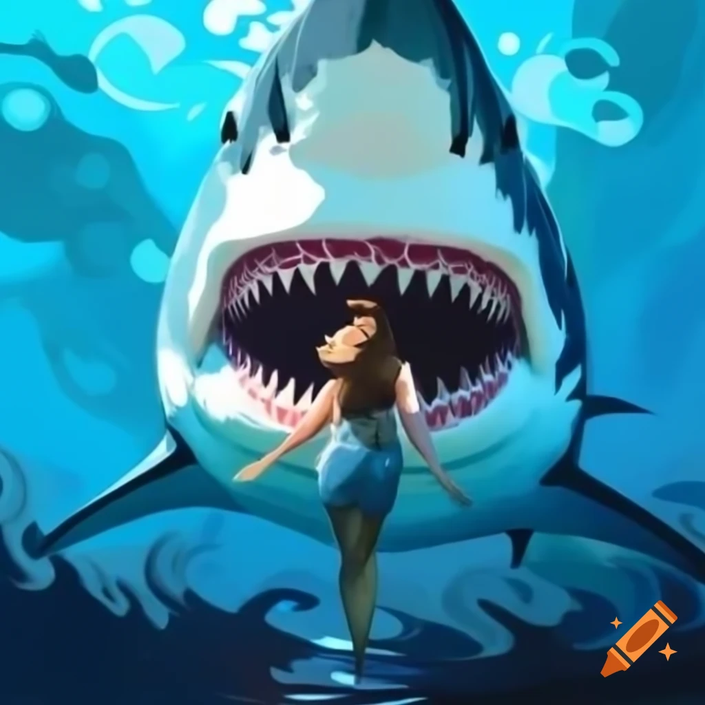 Artistic depiction of shark human hybrid with blue and white patterns