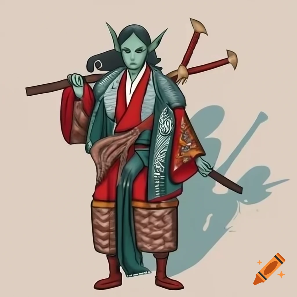 Dalish elf outfit illustration in Dragon Age concept art style with Japanese and mountain tribe influences