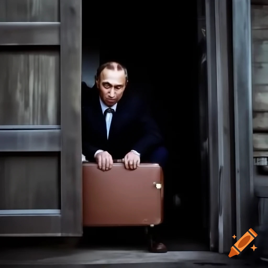 Vladimir Putin standing with suitcase at wooden outdoor toilet