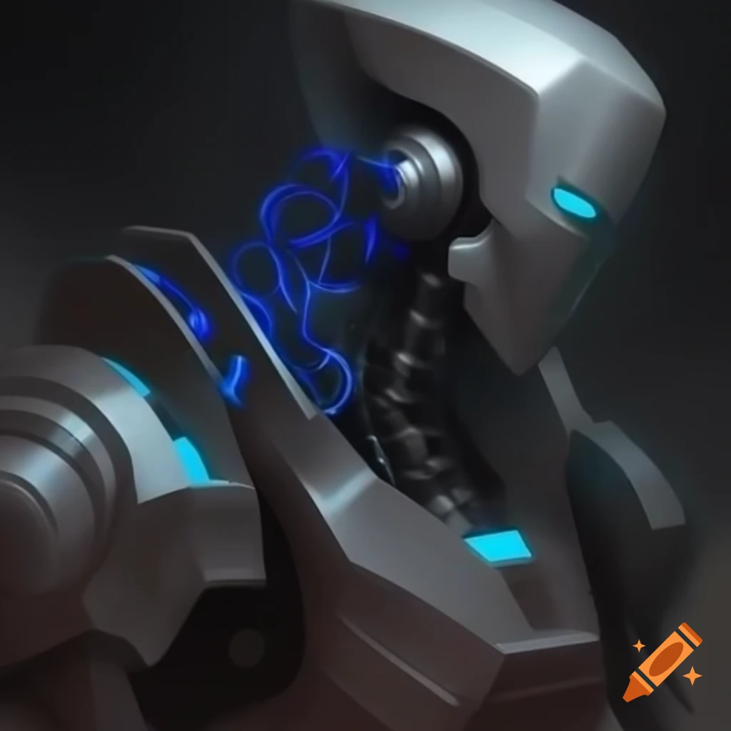 Humanoid robot with blue lines on armor and a screen for a head