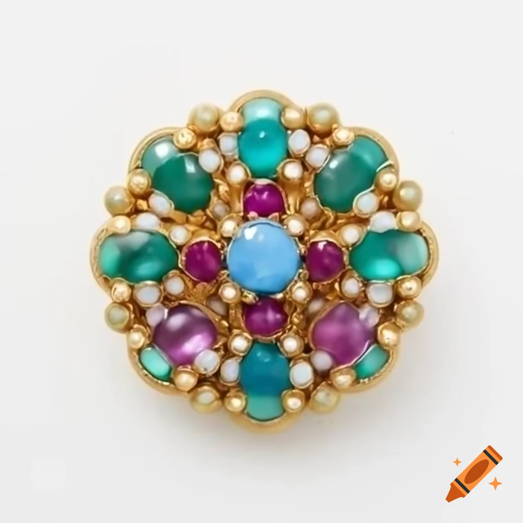 New Year's brooch with rubies, aquamarines, and emeralds in gold frame