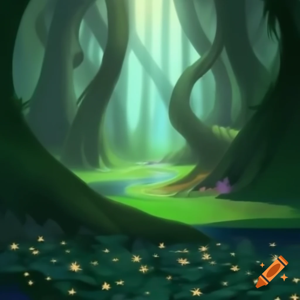 Enchanted forest of Flora Vale with tall trees and glowing flowers