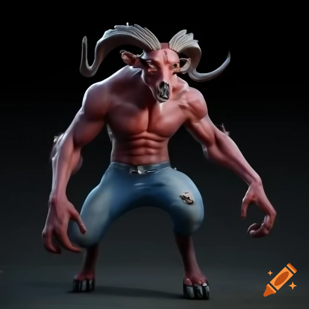 Muscular goat-headed demon with large horns and strong physique in standing posture