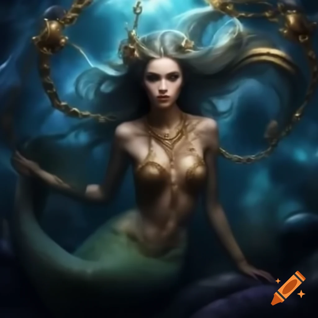 Mermaid in gold chains by an evil witch, depicting fantasy elements