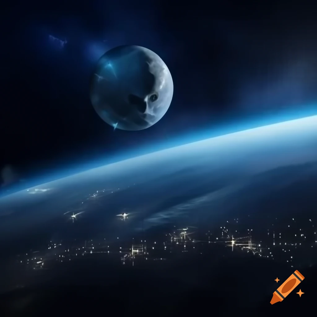 Futuristic technology party inside spaceship with stars and planets visible