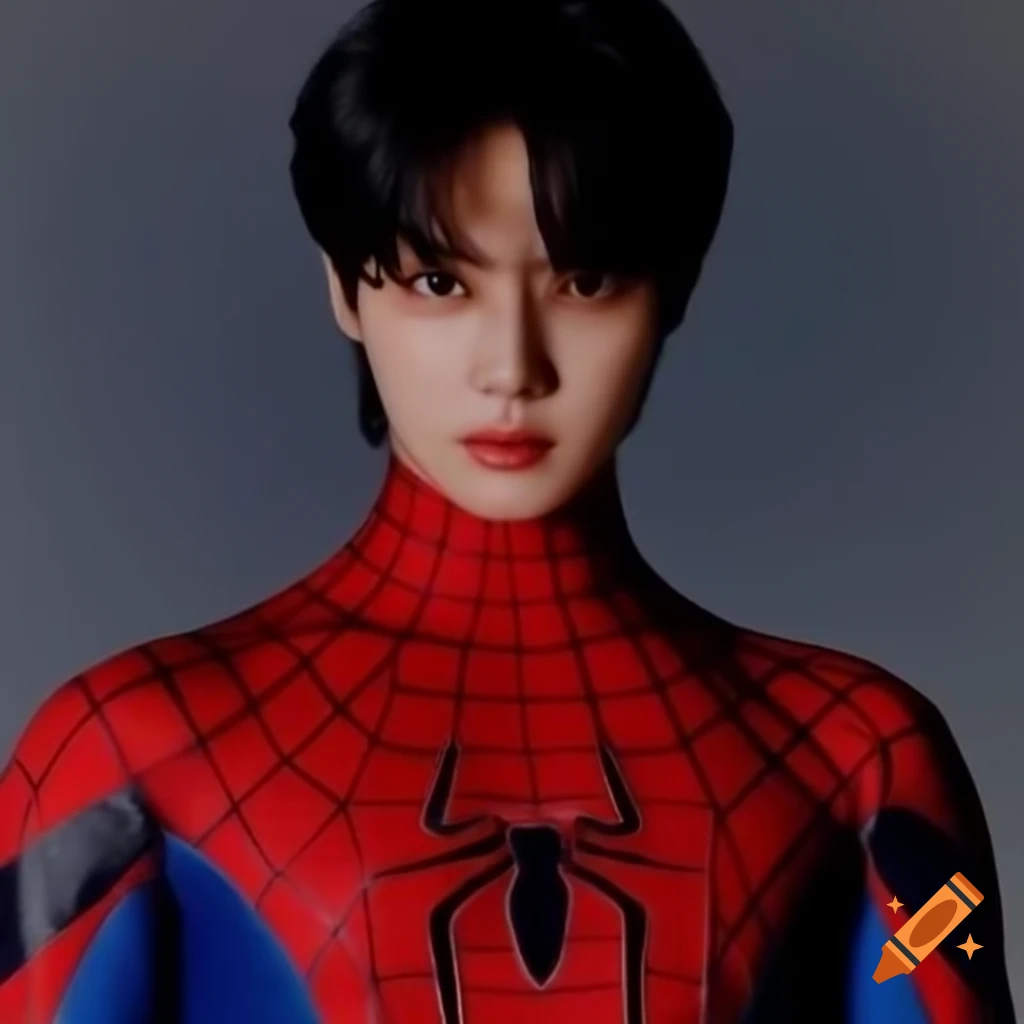 Shim Jake from Enhypen in Spider-Man costume, Polaroid photo style