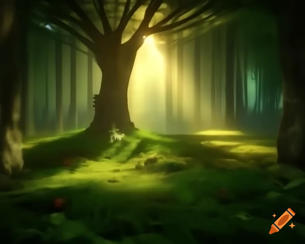 Photorealistic 3D render of a fairy in a tree forest with natural greens and warm oranges