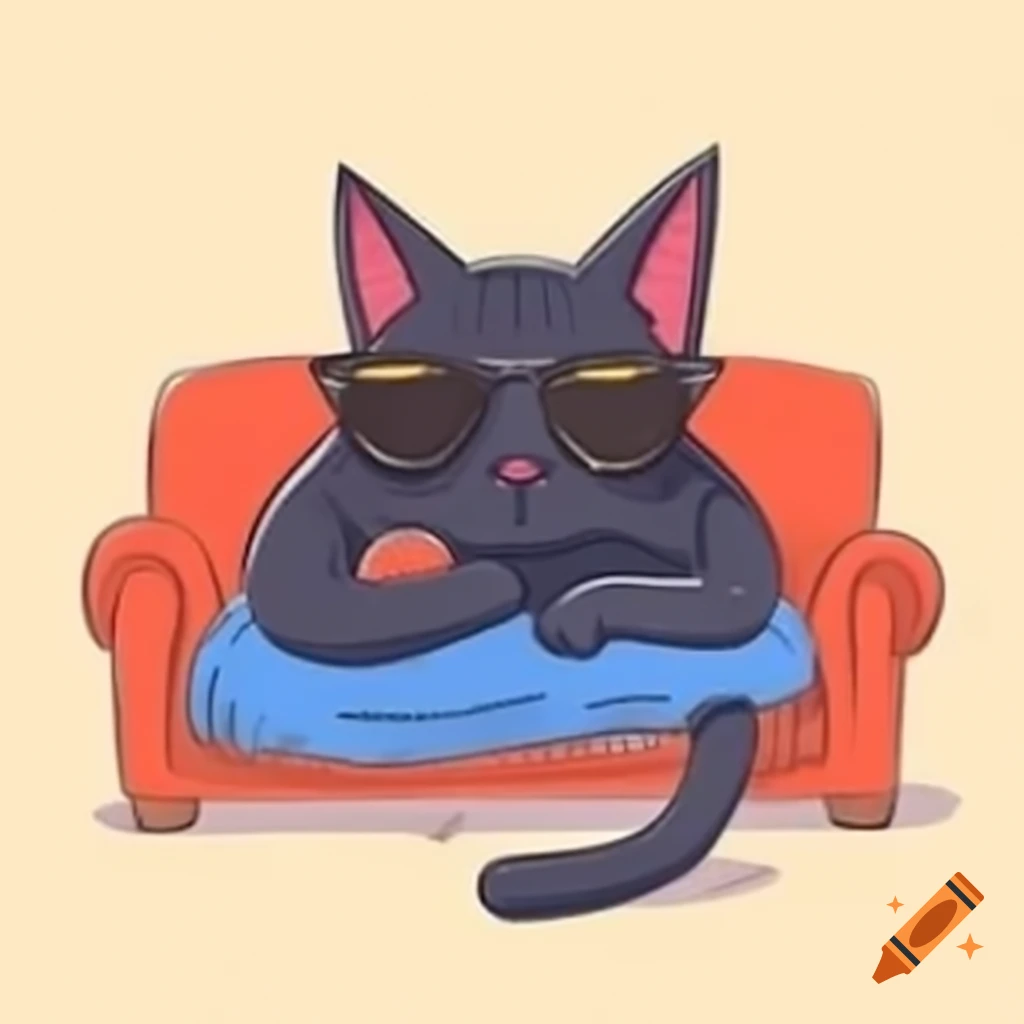 Cartoon of black cat wearing sunglasses lounging on a couch
