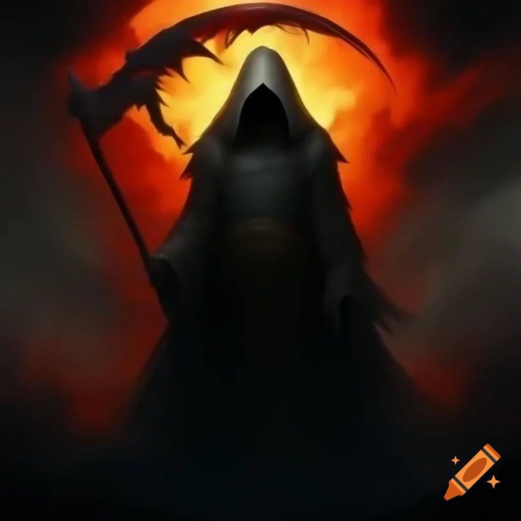 Spectral figure with fiery scythe against crimson sunset