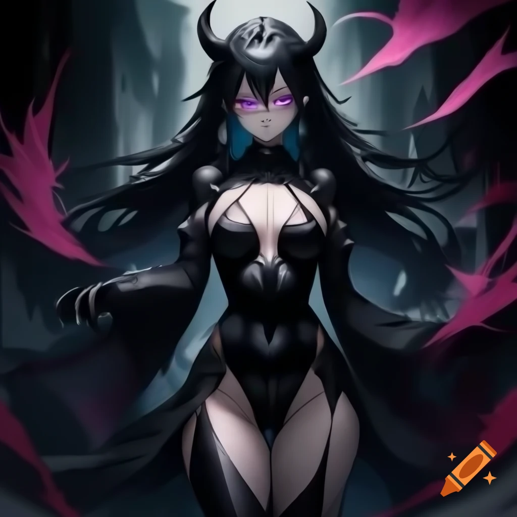 Shadow demon-themed female character with long black hair and glowing violet eyes in sleek bodysuit