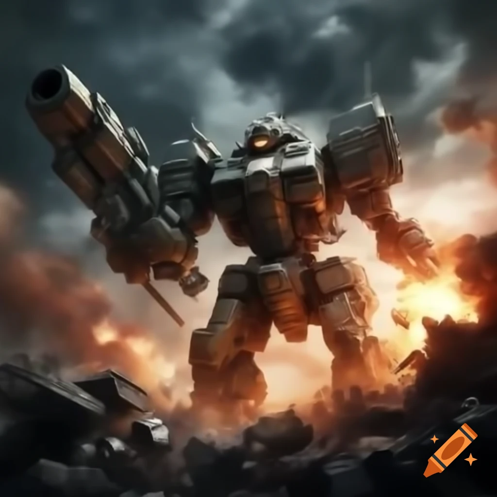 Giant mecha using shield to block explosion