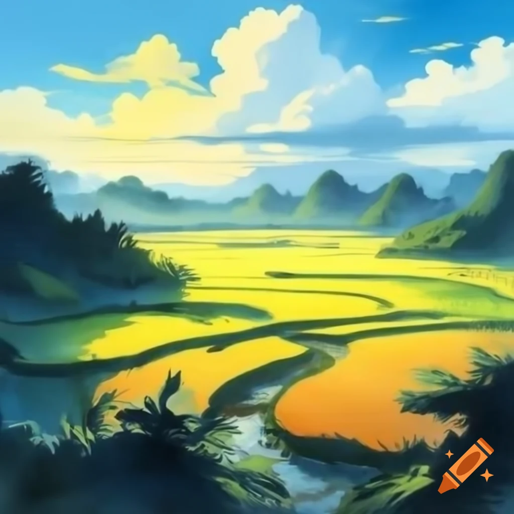 Vivid watercolor of Vietnam's rice fields under cerulean blue sky