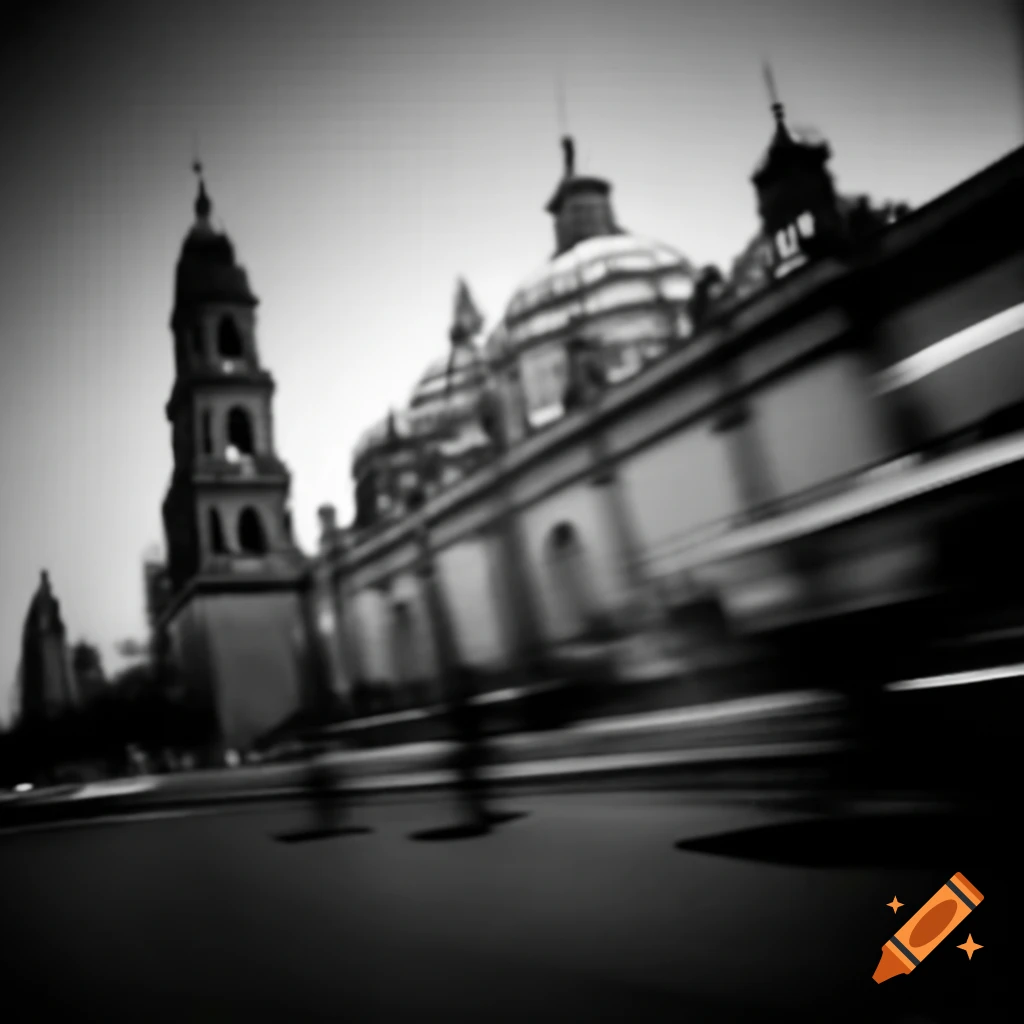 Motion-blurry black-and-white image of Mexico City Metropolitan Cathedral