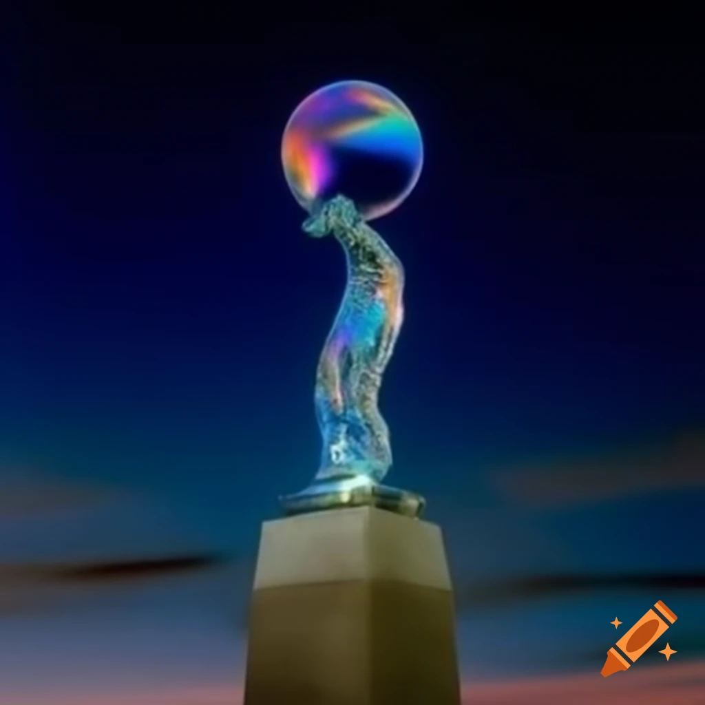 Pop surreal photography of iridescent glass statue against bright night sky
