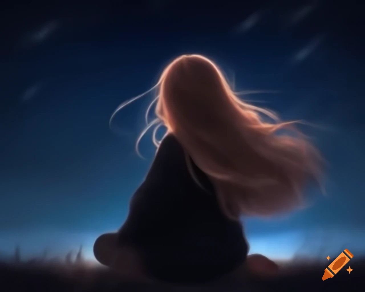 Silhouette of girl with long wavy hair sitting backwards under starry night sky