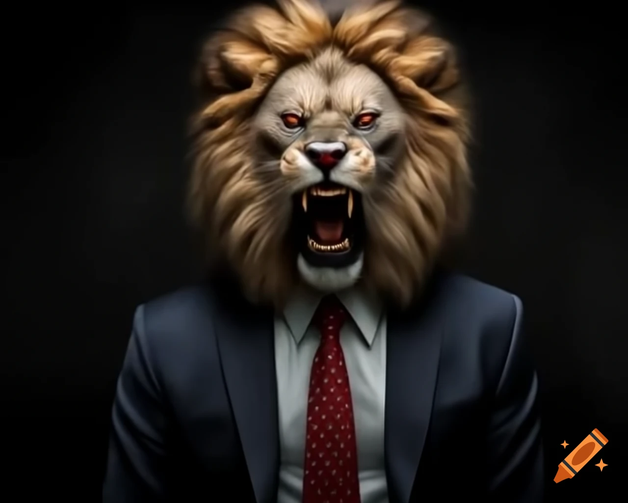 Person in suit with an artistic lion head, creating a striking visual