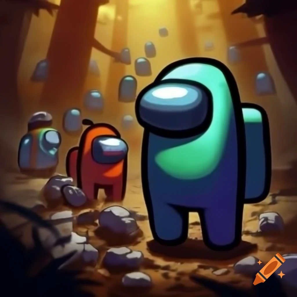 Among Us characters in a colorful game environment
