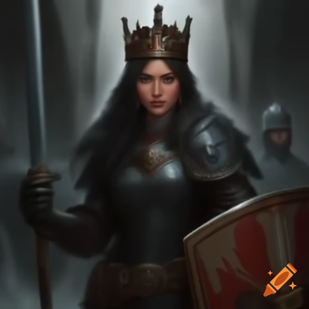 Queen with sword and shield standing guard beside the king