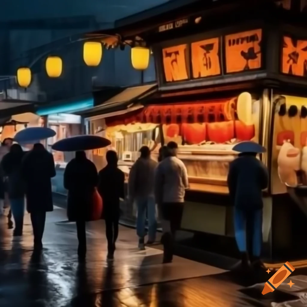Nighttime market scene with vintage lanterns and various foods, people with umbrellas in light rain