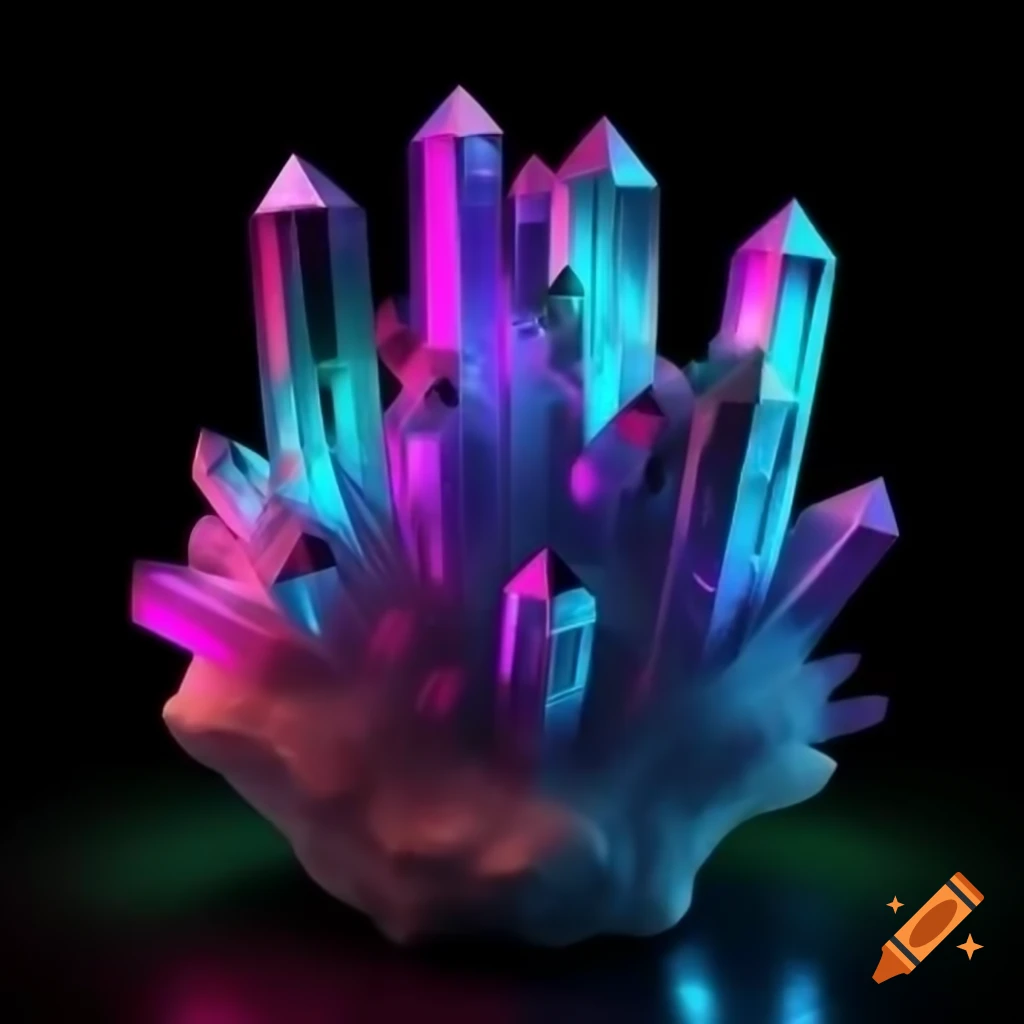 Neon colored crystal cluster against black background