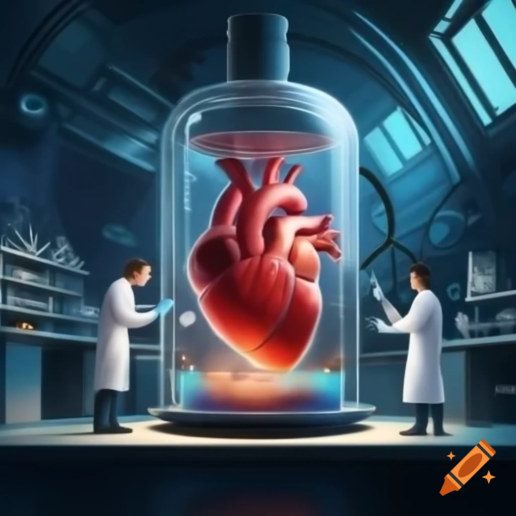 Researchers cultivating large biological heart in test tube within futuristic laboratory