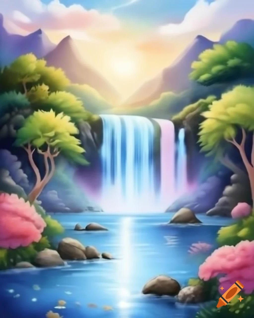 Beautiful landscape with small waterfall and rainbow in watercolor style
