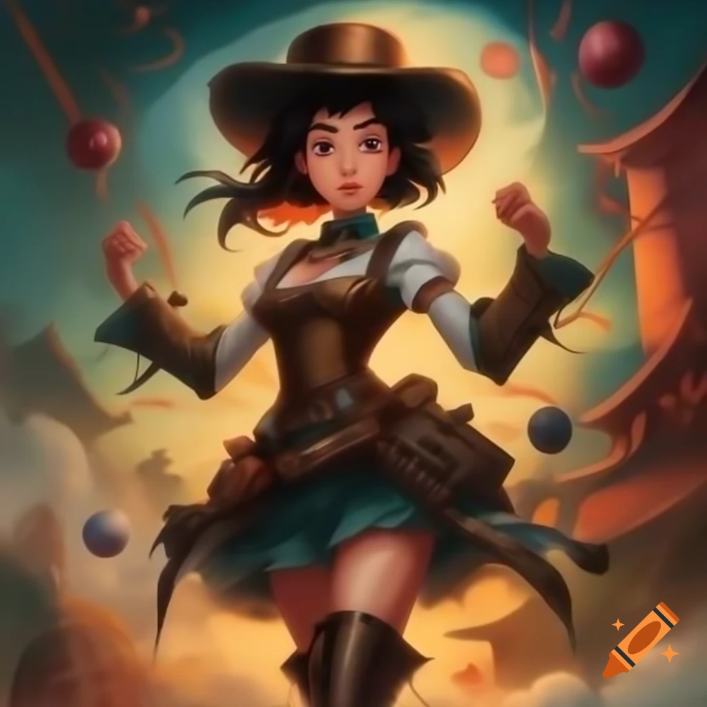 Steampunk-inspired East Asian female character resembling Princess Belle in a high kick stance