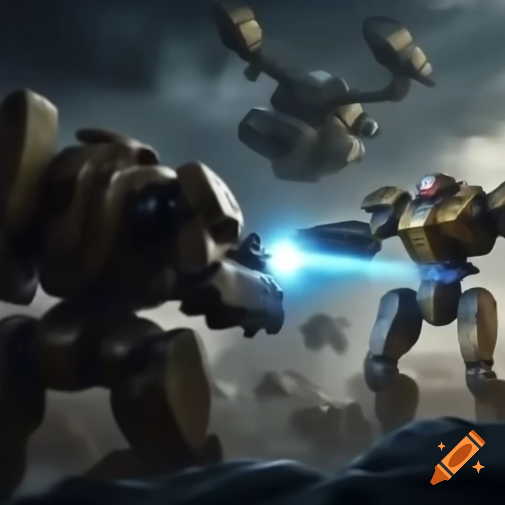 Intense battle between giant mechas