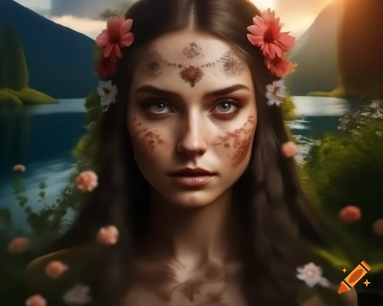 Hyperrealistic render of Slavic woman with flowers and butterflies in her hair