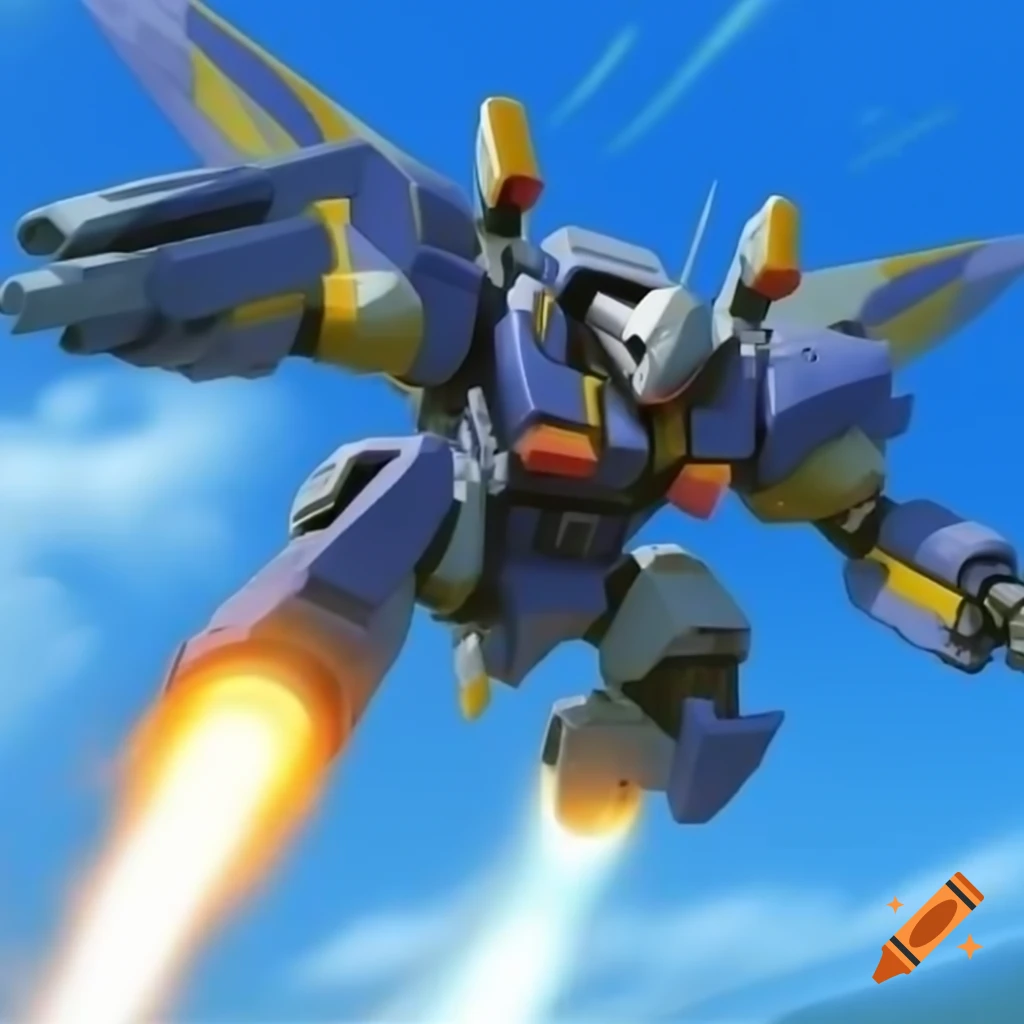 Giant mecha flying with boosters