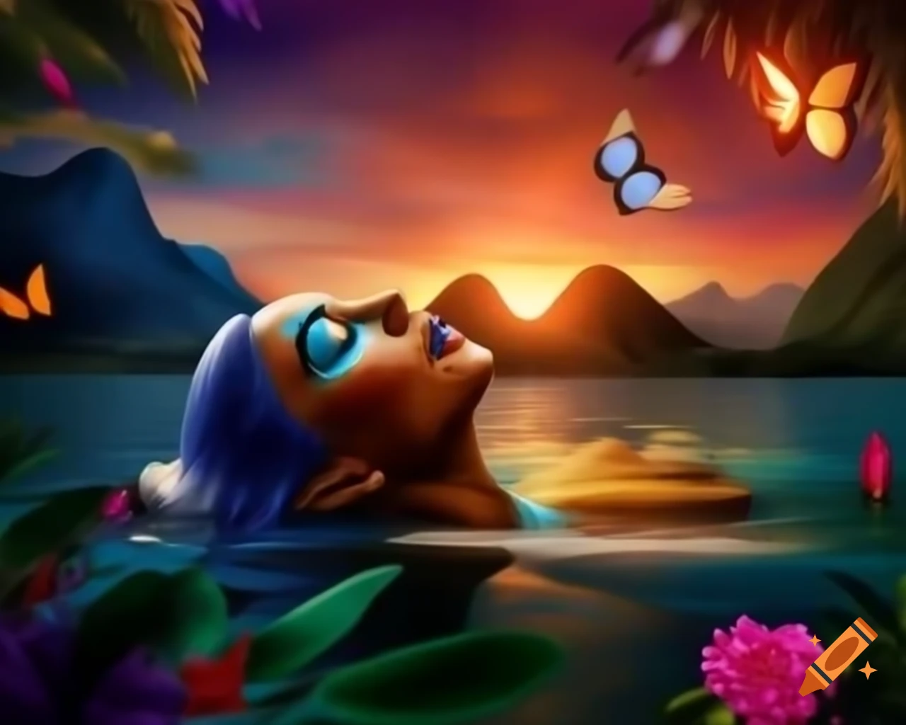Beautiful woman in tropical paradise with colorful objects and butterflies at sunset