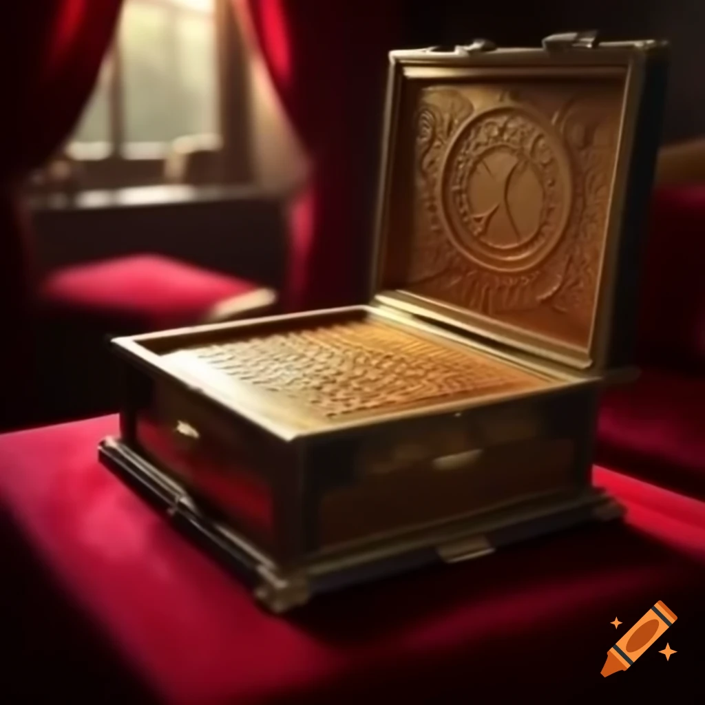Wooden box with gold scrollwork in a red velvet room with soft lighting