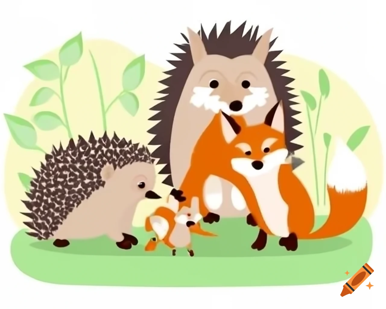 Hedgehog family with fox resting under a bush