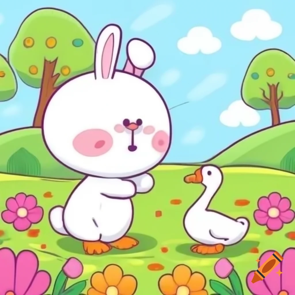 Cute rabbit and goose hugging in colorful flower field