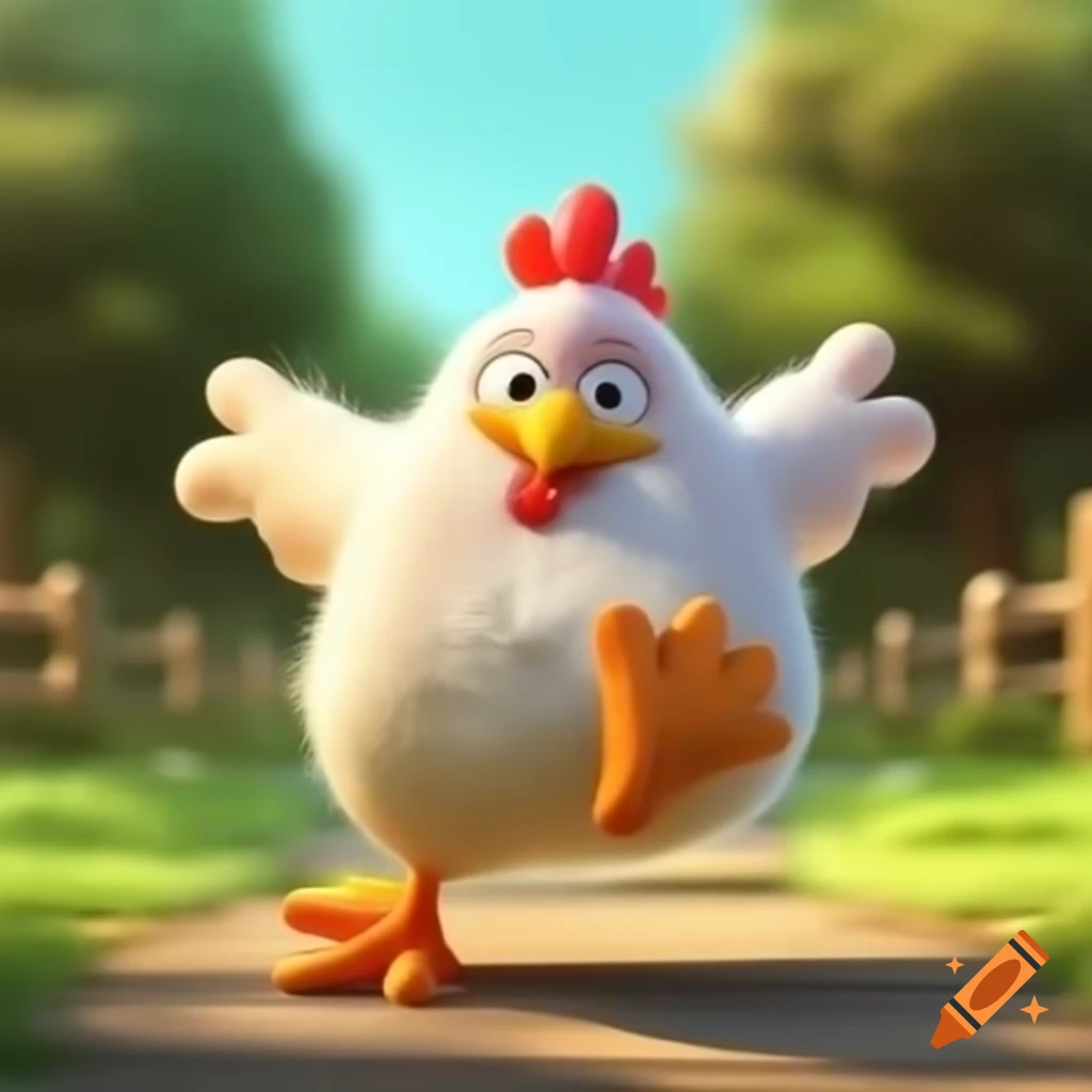 Happy chicken in bright yellow shoes trotting down a path