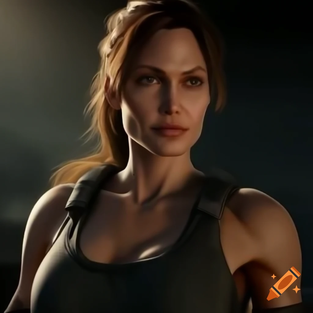 Portrait of Angelina Jolie as Lara Croft showcasing athletic physique