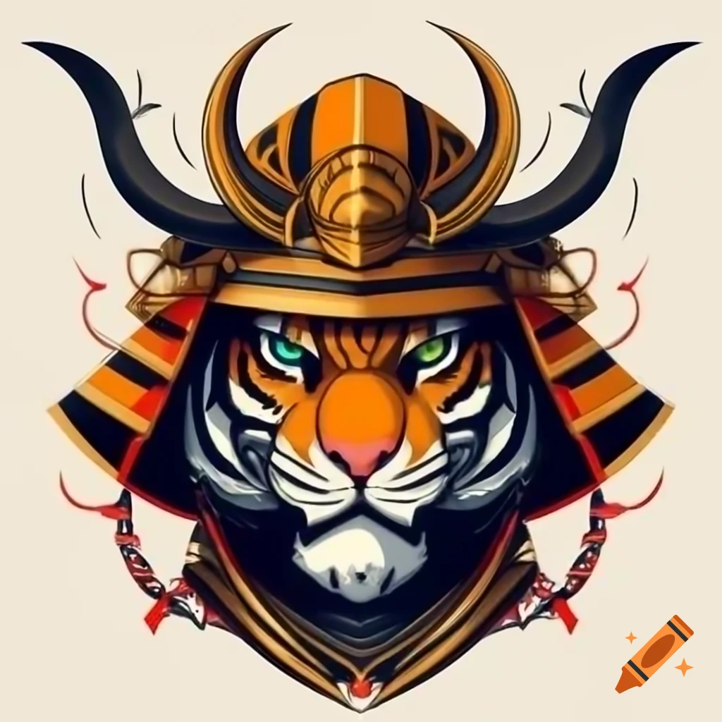 Tiger in samurai helmet and armor, representing strength for e-sports logo