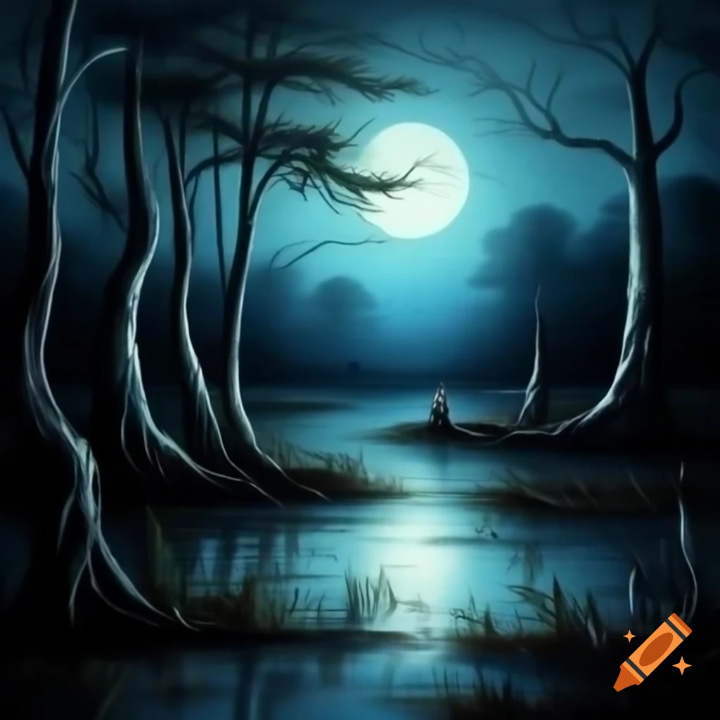 Gloomy moonlit swamp scene painted in oil