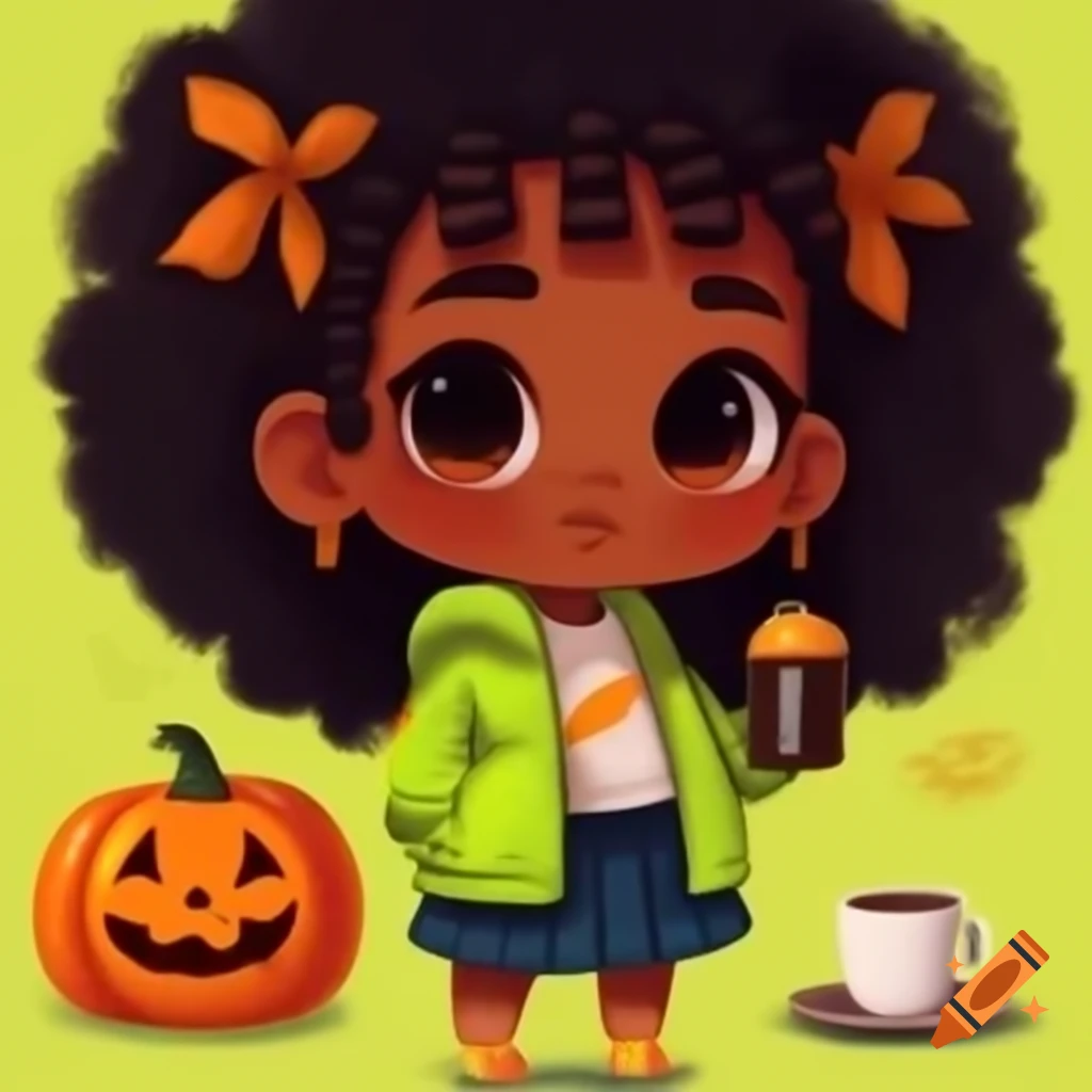Chibi portrait of African American girl in lime green jacket holding a pumpkin and coffee cup