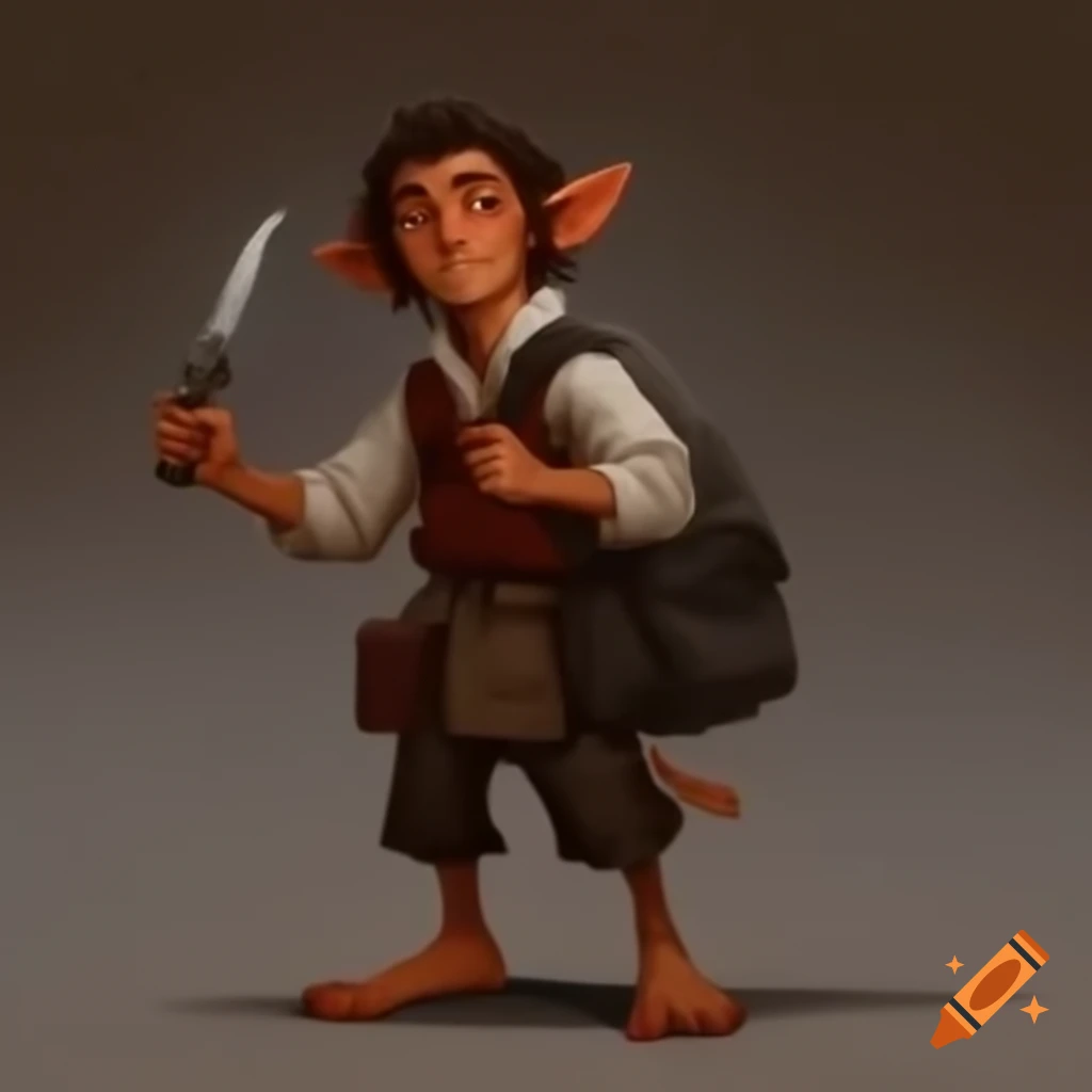 Halfling with bare feet holding rondel dagger in travel clothing